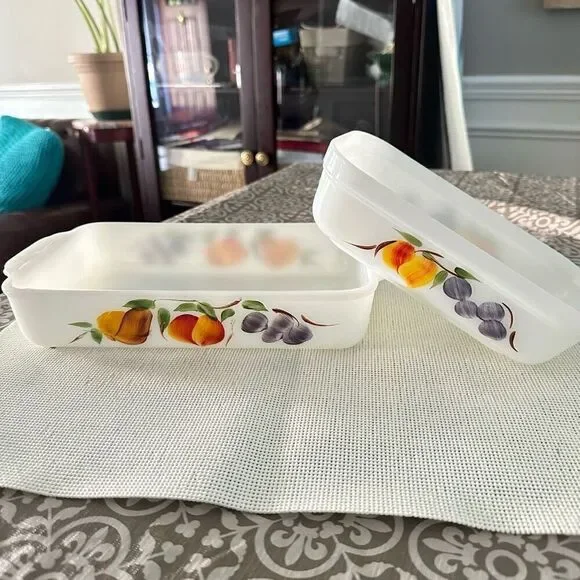Anchor Hocking FIRE KING 2 pc Loaf Pan & Rectangular Peach Blossom Dish Vintage - Picture 1 of 9